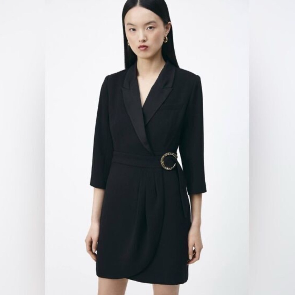 SUNCOO T3 Paris Robe Noire Cliff Belt Wrap Blazer Tux Dress Black Classic Large